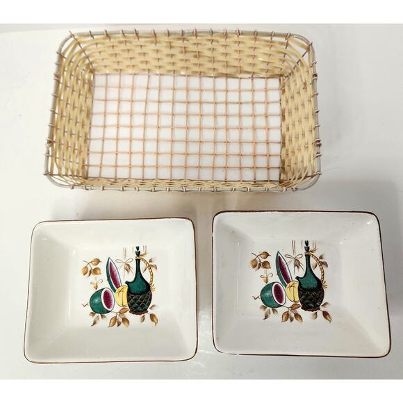 Vintage Lipper & Mann Japan Dual Serving Dishes w/ Wicker Caddy Retro Fruit - Picture 5 of 7